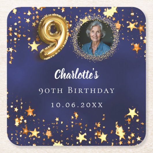 90e verjaardag navy blauw goud sterren foto kartonnen onderzetters (Voorkant)