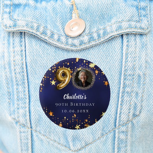 90e verjaardag navy blauw goud sterren foto ronde button 5,7 cm