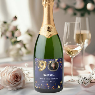 90e verjaardag navy blauw goud sterren foto sparkling wijnetiket