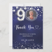 90e verjaardag navy blauw zilveren sterren foto bedankkaart (Voorkant)