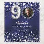 90e verjaardag navy blauw zilveren sterren foto wijn etiket (Enkel label)