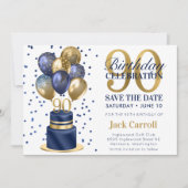90e verjaardag Navy Blauwe Ballon Cake Save The Date (Voorkant)