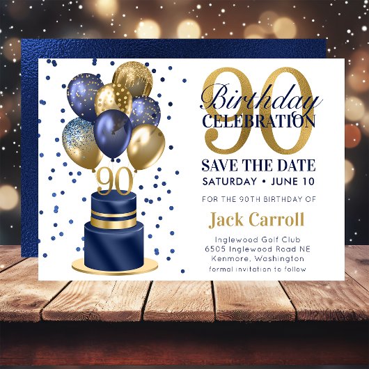 90e verjaardag Navy Blauwe Ballon Cake Save The Date