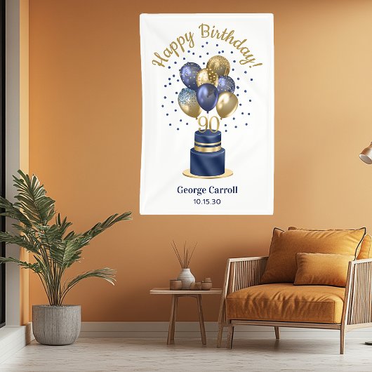 90e verjaardag Navy Blauwe Ballon Cake Spandoek