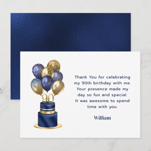 90e verjaardag Navy Blue Balloon Cake Bedankkaart (Voorkant / Achterkant)