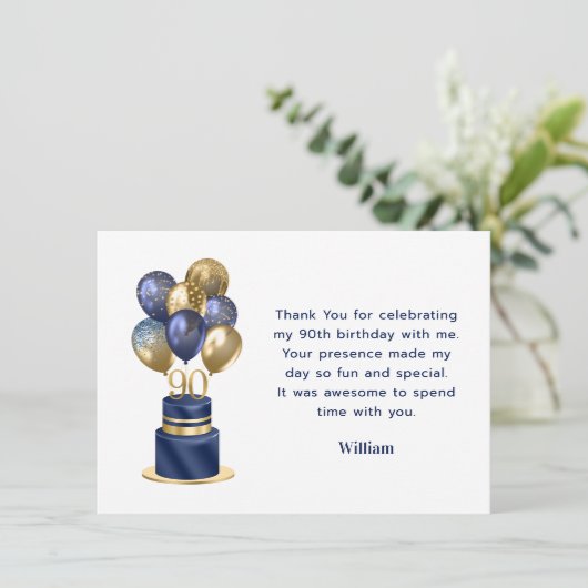 90e verjaardag Navy Blue Balloon Cake Bedankkaart (Staand voorkant)