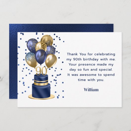 90e verjaardag Navy Blue Balloon Cake Bedankt (Voorkant / Achterkant)