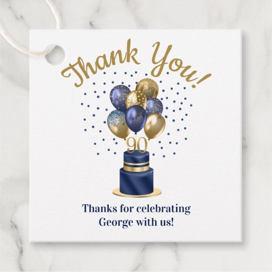 90e verjaardag Navy Blue Balloon Cake Bedankt Bedankjes Labels (Voorkant)