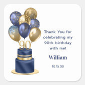90e verjaardag Navy Blue Balloon Cake Bedankt Vierkante Sticker (Voorkant)