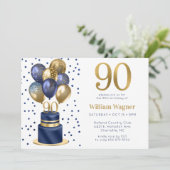 90e verjaardag Navy Blue Balloon Cake Kaart (Staand voorkant)