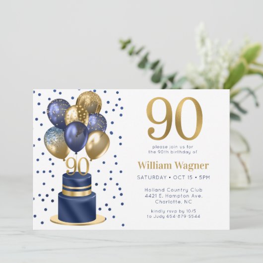 90e verjaardag Navy Blue Balloon Cake Kaart (Staand voorkant)