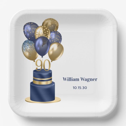 90e verjaardag Navy Blue Balloon Cake Papieren Bordje (Voorkant)