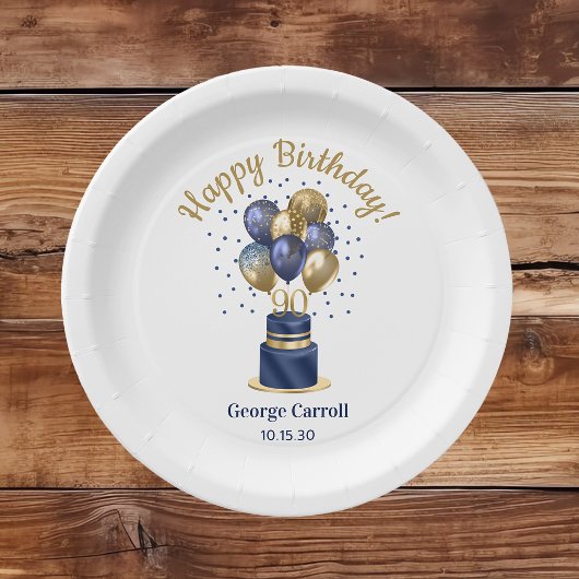 90e verjaardag Navy Blue Balloon Cake Papieren Bordje