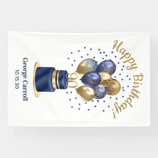 90e verjaardag Navy Blue Balloon Cake Spandoek (Horizontaal)