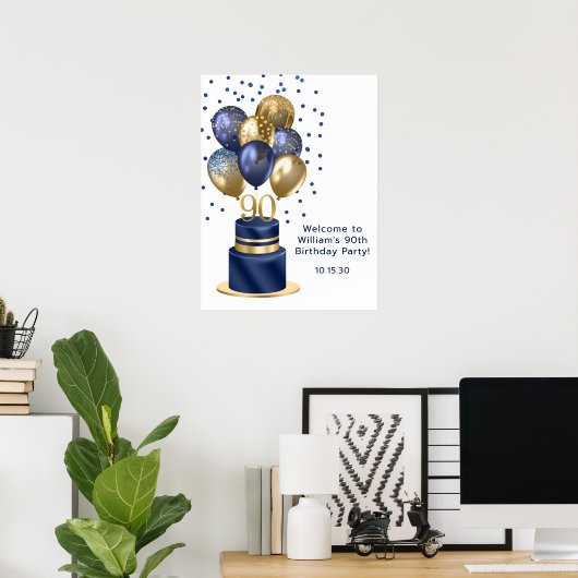 90e verjaardag Navy Blue Balloon Cake Welkom Poster (Thuiskantoor)