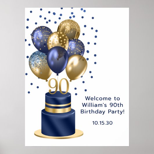 90e verjaardag Navy Blue Balloon Cake Welkom Poster (Voorkant)