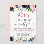 90e verjaardag Navy Blue Blush Pink Floral Kaart<br><div class="desc">Navy Blue en Blush Pink Floral Flowers en Greenery Waterverf 90th Birthday Party Invitations omvatten mooie en elegante scripttypografie met moderne botanische blush roze bloemen en Navy Blue voor de speciale viering van de negentigste verjaardag.</div>