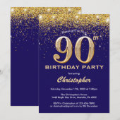 90e verjaardag Navy Blue en Gold Glitter Confetti Kaart (Voorkant / Achterkant)