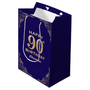 90e verjaardag Navy Blue en Gold Glitter Medium Cadeauzakje