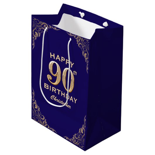 90e verjaardag Navy Blue en Gold Glitter Medium Cadeauzakje (Voorkant Gekanteld)