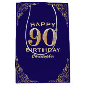 90e verjaardag Navy Blue en Gold Glitter Medium Cadeauzakje (Voorkant)