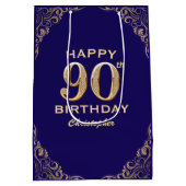 90e verjaardag Navy Blue en Gold Glitter Medium Cadeauzakje (Achterkant)