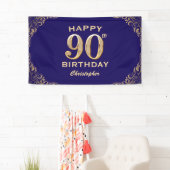 90e verjaardag Navy Blue en Gold Glitter Spandoek (Insitu)