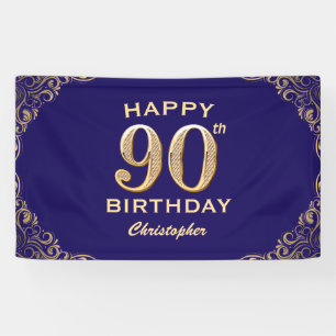 90e verjaardag Navy Blue en Gold Glitter Spandoek