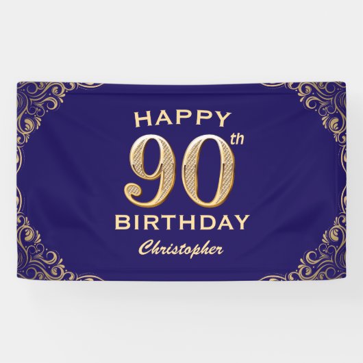 90e verjaardag Navy Blue en Gold Glitter Spandoek (Horizontaal)