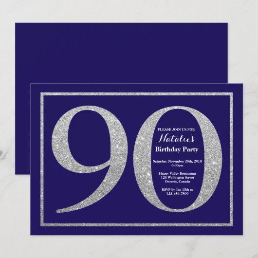 90e verjaardag Navy Blue en Silver Glitter Kaart (Voorkant / Achterkant)