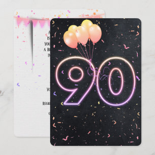 90e verjaardag Neon Sign On Black Invitation Kaart