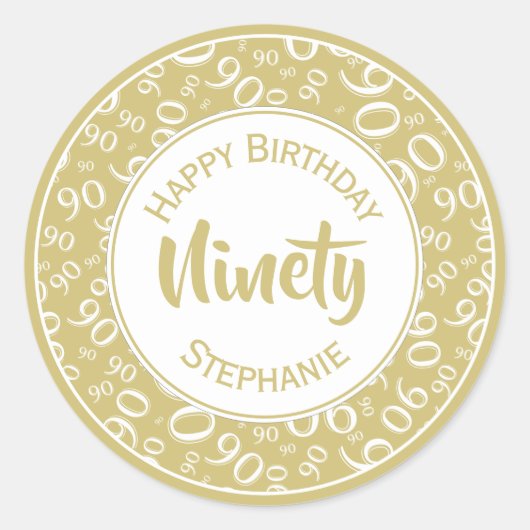90e verjaardag Nummer Patroon Goud en Wit Ronde Sticker (Voorkant)
