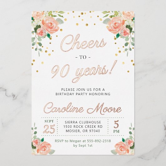 90e verjaardag op 90 jaar Dames Roos Gold Folie Uitnodiging (Voorkant)