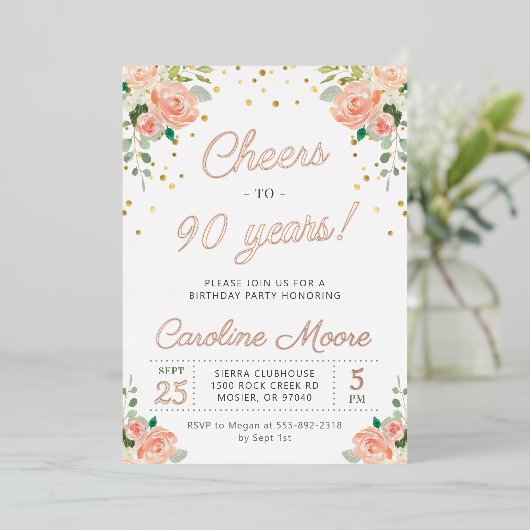 90e verjaardag op 90 jaar Dames Roos Gold Folie Uitnodiging (Staand Voorkant)