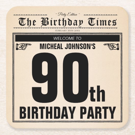 90e Verjaardag Oude Krant  Funny Custom Kartonnen Onderzetters (Voorkant)