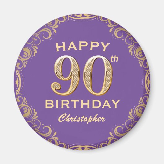 90e verjaardag Paars en goudglitter Lijst Magneet (Voorkant)