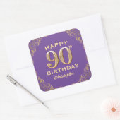 90e verjaardag Paars en goudglitter Lijst Vierkante Sticker (Envelop)