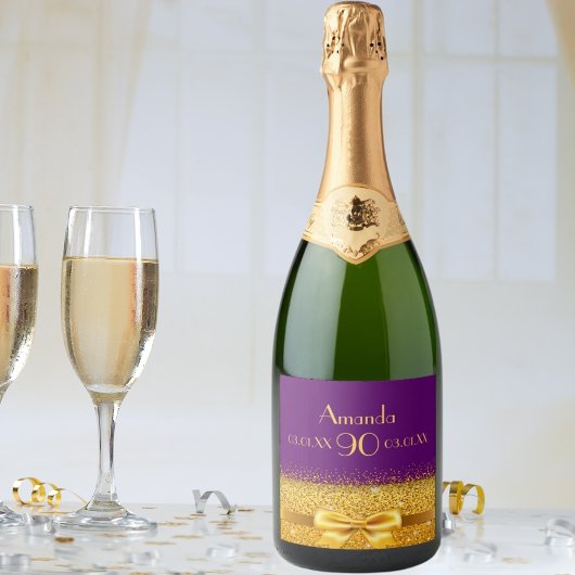 90e verjaardag paarse en faux gouden boog sparkling wijnetiket