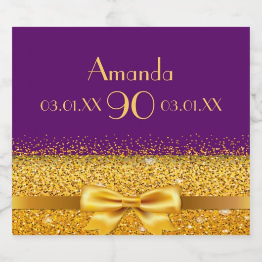 90e verjaardag paarse en faux gouden boog sparkling wijnetiket (Enkel label)