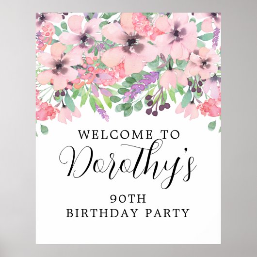 90e verjaardag Paarse roze wilde bloem Welkomsttek Poster (Voorkant)
