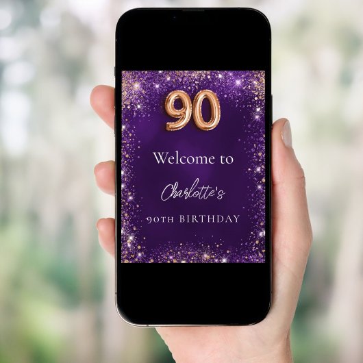 90e verjaardag paarse sparkles welkom poster