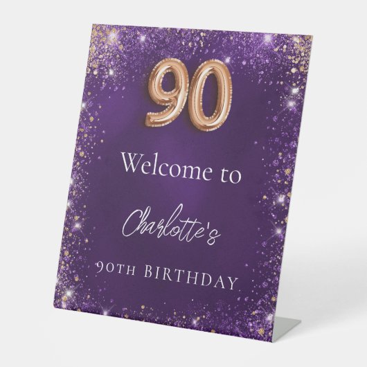 90e verjaardag paarse sparkles welkom reclamebord met voetstuk (Voorkant)