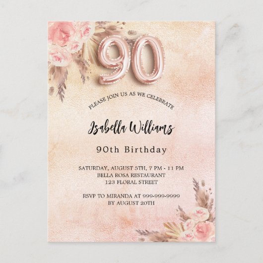 90e verjaardag pampas gras goudbloemen roos boho uitnodiging briefkaart (Voorkant)