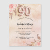 90e verjaardag pampas gras roos gouden bloem luxe magnetische uitnodiging (Voorkant)