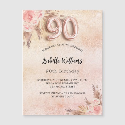 90e verjaardag pampas gras roos gouden bloem luxe magnetische uitnodiging (Voorkant)