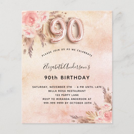 90e verjaardag Pampas Grass roos uitnodiging (Voorkant)