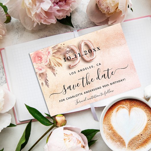 90e verjaardag pampas roos blush florals elegant save the date
