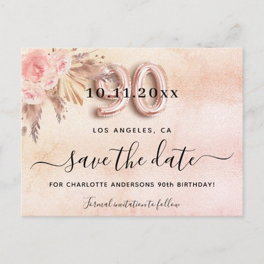 90e verjaardag pampas roos florals sparen de datum aankondigingskaart (Voorkant)