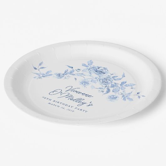 90e Verjaardag Party Blauw Roos Bloemen Custom Papieren Bordje (Gekanteld)