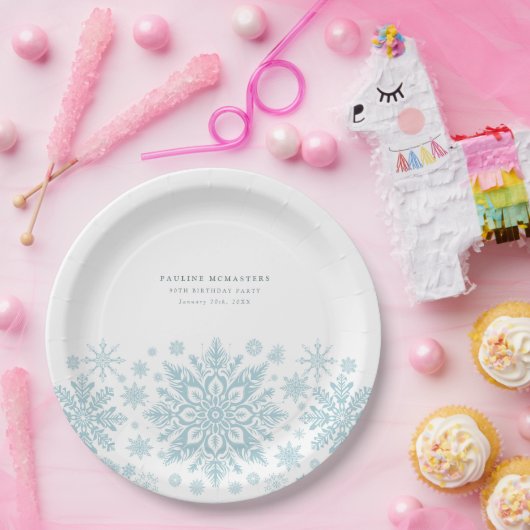 90e Verjaardag Party Blauw Wit Sneeuwvlok Custom Papieren Bordje (Feest)